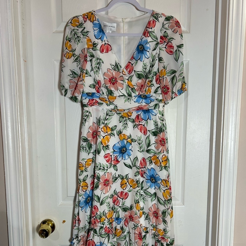 Donna Morgan Blue and Red Ruffled Tiered High low dress.